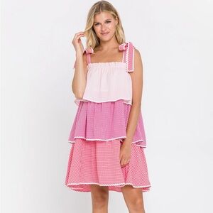NWT English Factory Medium Colorblock Tiered Pink Gingham Dress